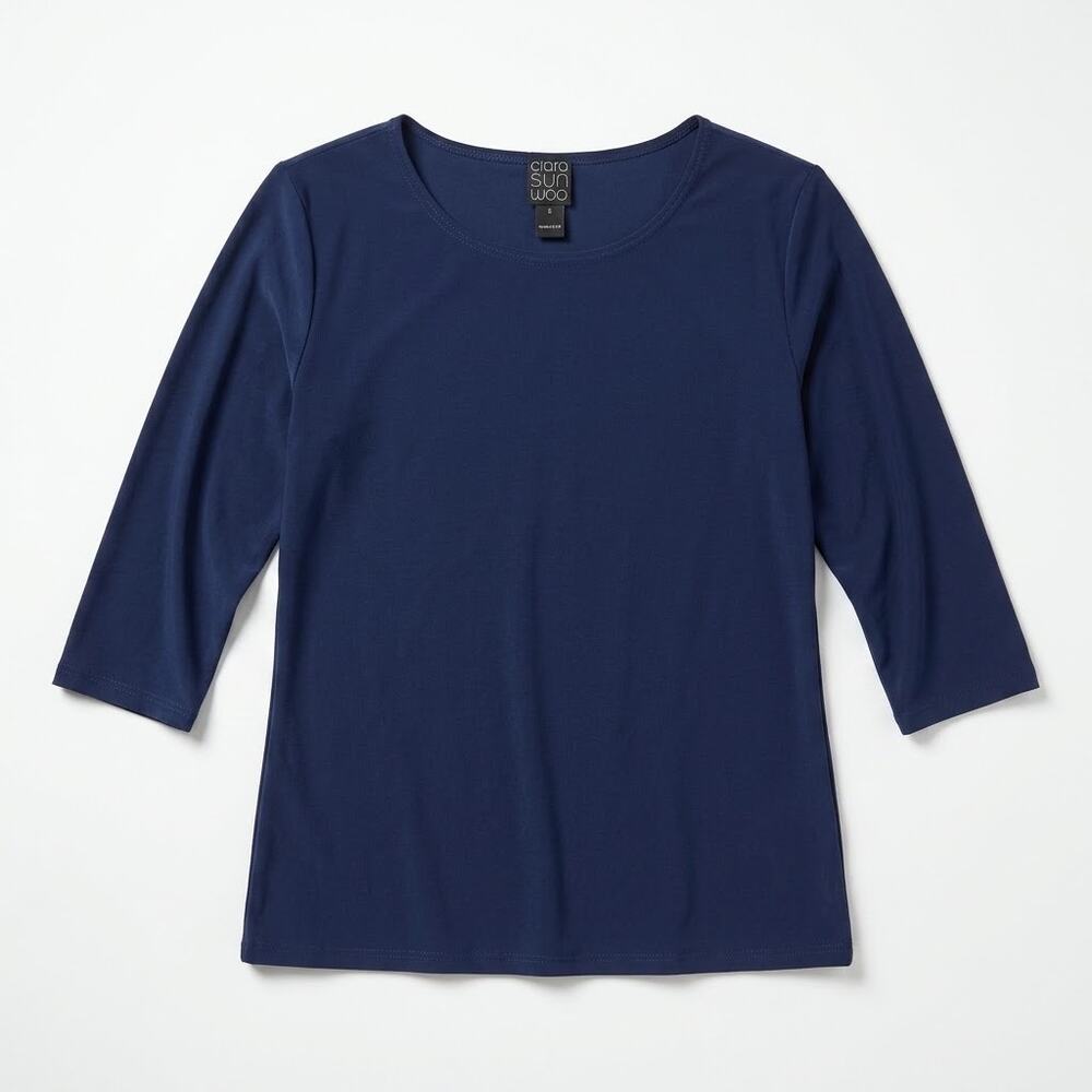 Clara Sun Woo Stretch Knit 3/4 Sleeve Top Navy Blue Womens Small